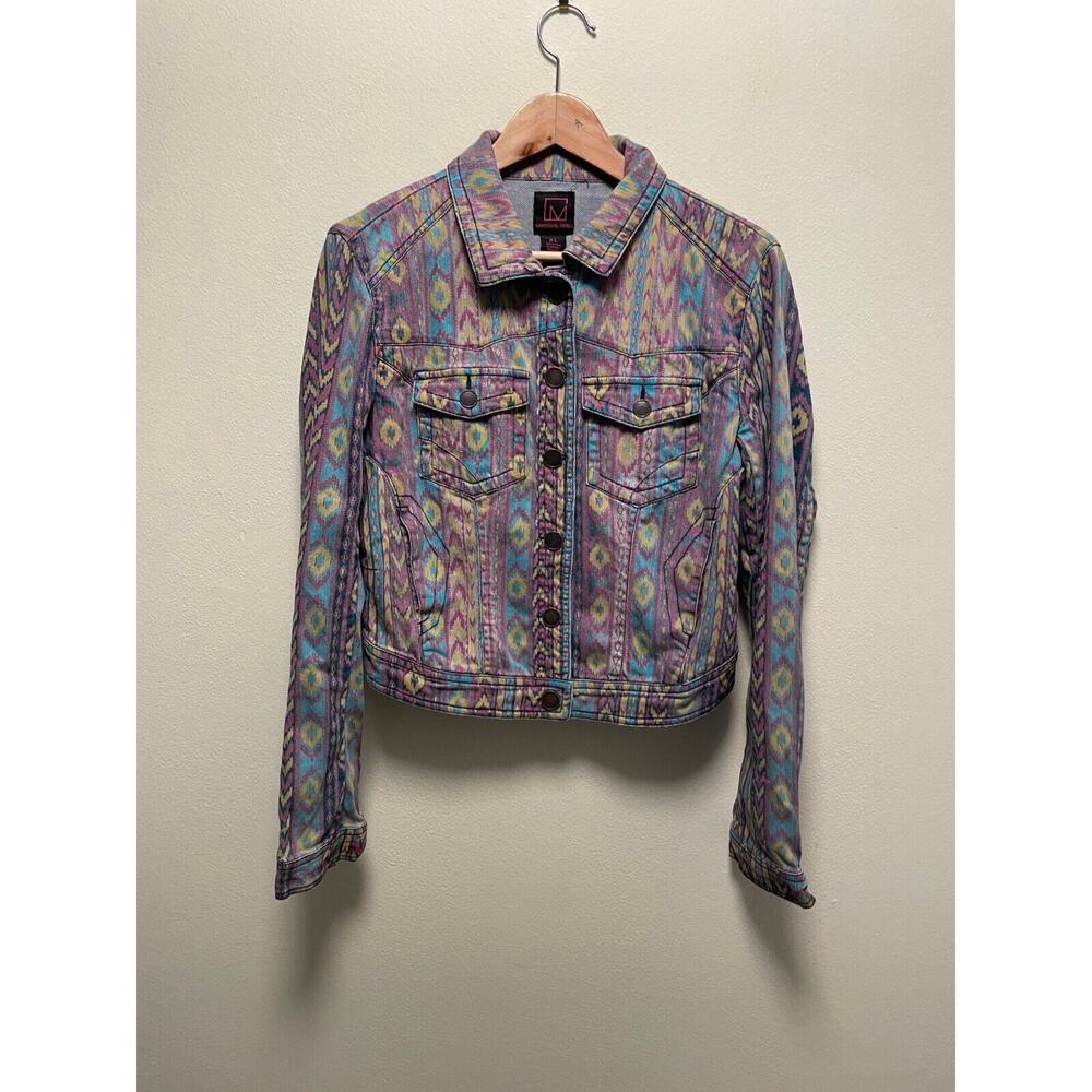 Material Girl Juniors Jacket Size XL Denim Aztec Print Stretch Western Boho Y2K